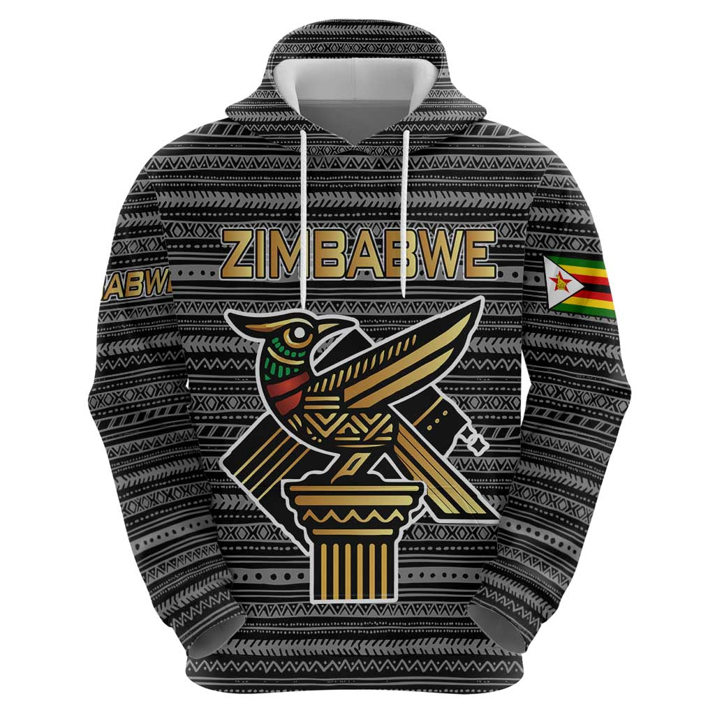 Zimbabwean Bird Statue Zip Hoodie Tribal Pattern with National Flag Patch and Heritage Symbol