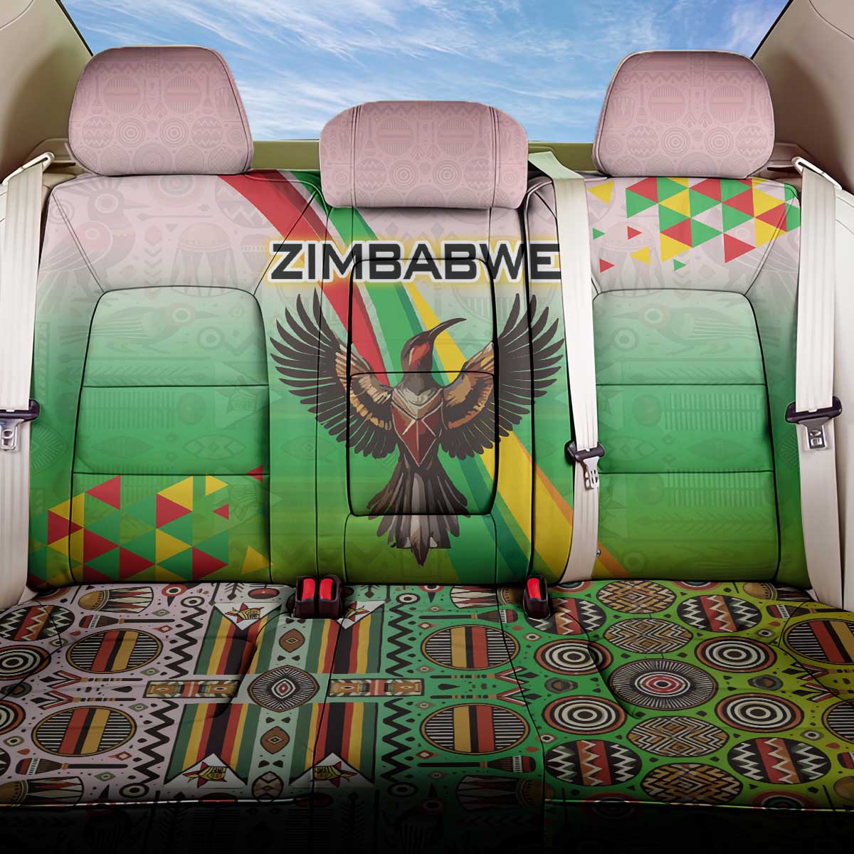 Zimbabwe Vibe Back Car Seat Cover Tribal-Inspired Background with Geometric Flag Color Design