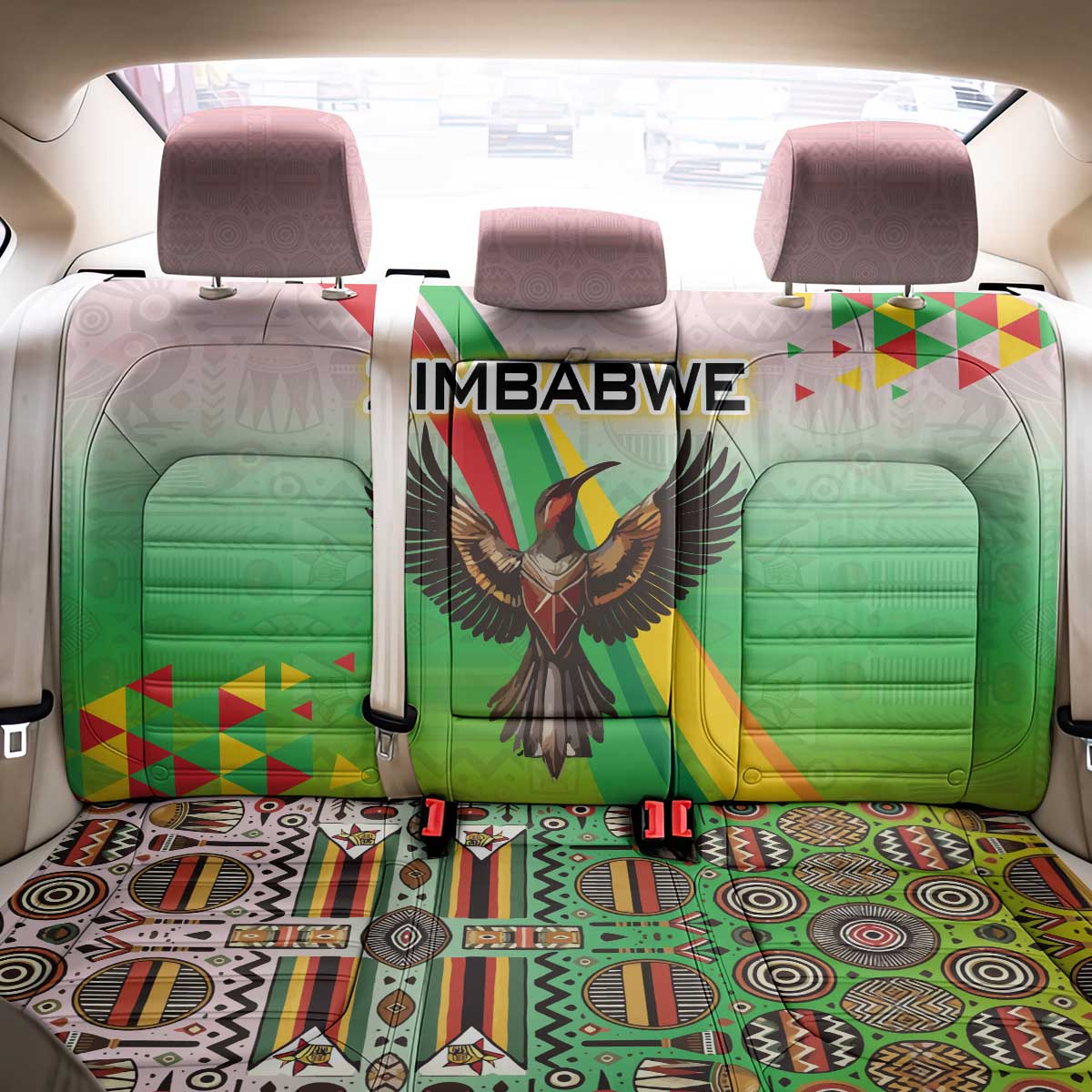 Zimbabwe Vibe Back Car Seat Cover Tribal-Inspired Background with Geometric Flag Color Design
