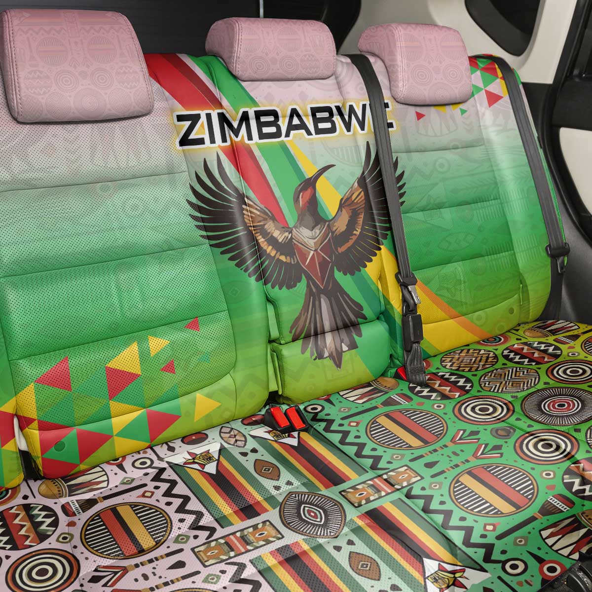 Zimbabwe Vibe Back Car Seat Cover Tribal-Inspired Background with Geometric Flag Color Design