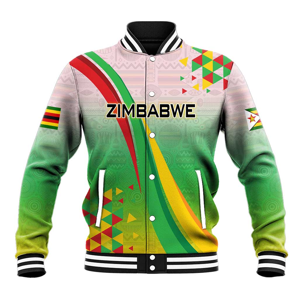 Zimbabwe Vibe Baseball Jacket Tribal-Inspired Background with Geometric Flag Color Design