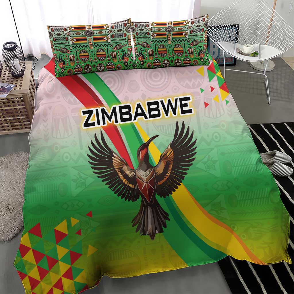 Zimbabwe Vibe Bedding Set Tribal-Inspired Background with Geometric Flag Color Design
