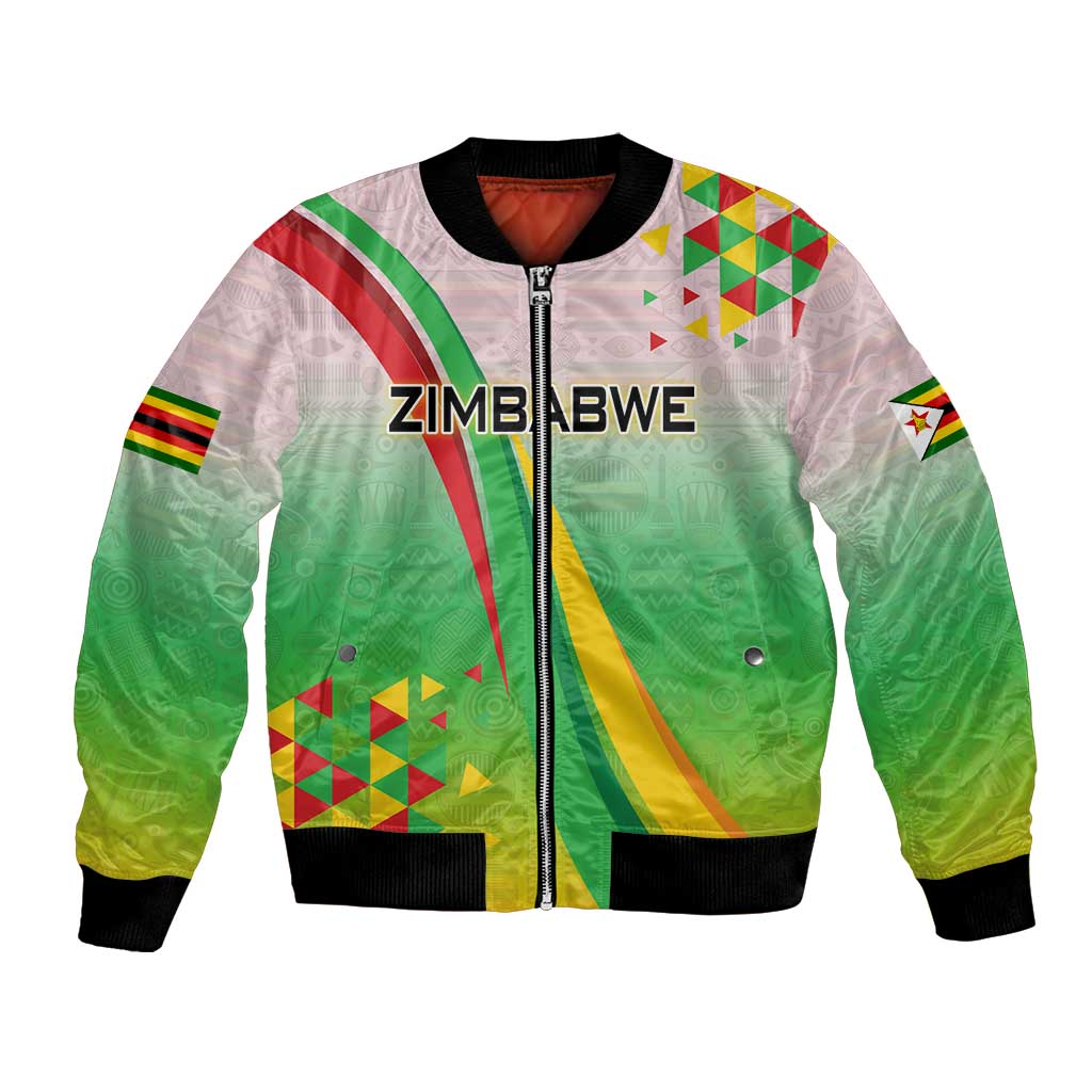 Zimbabwe Vibe Bomber Jacket Tribal-Inspired Background with Geometric Flag Color Design