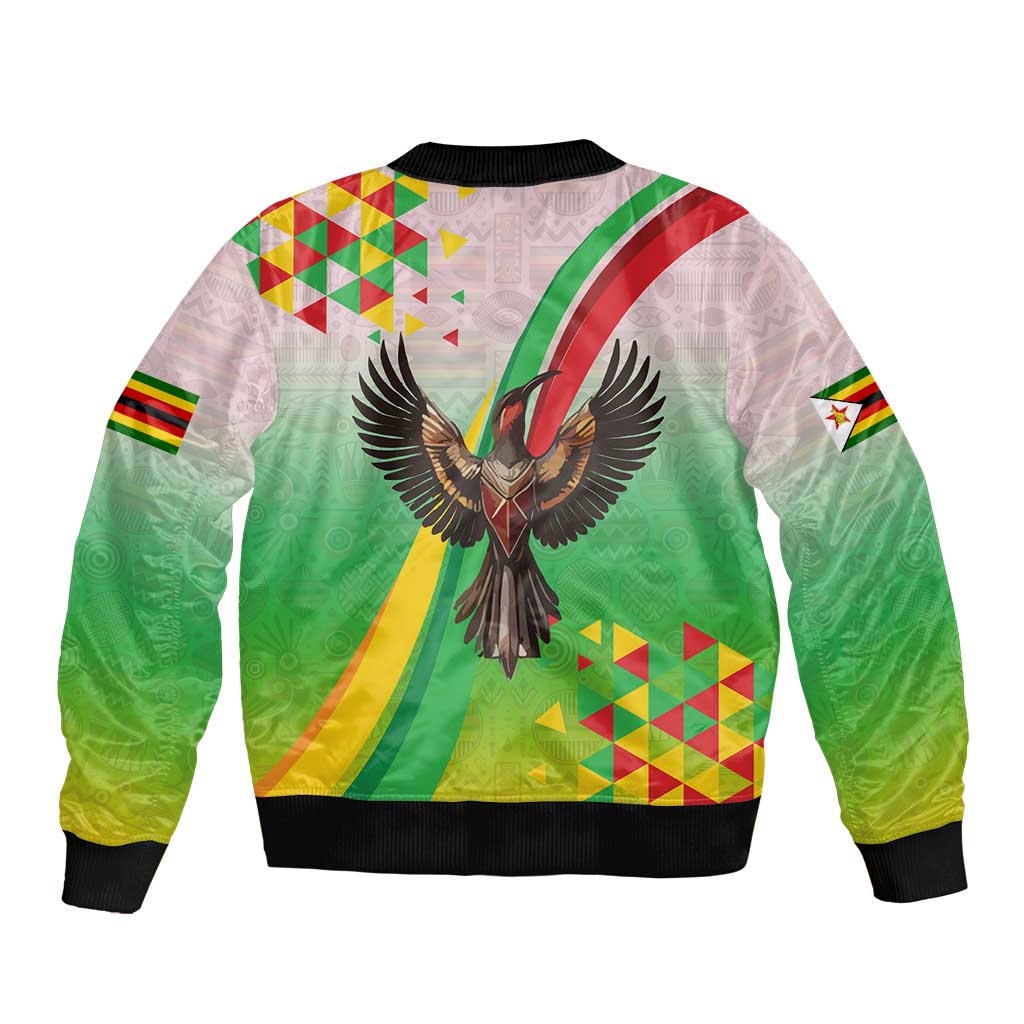 Zimbabwe Vibe Bomber Jacket Tribal-Inspired Background with Geometric Flag Color Design