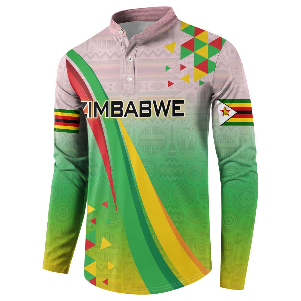 Zimbabwe Vibe Button Sweatshirt Tribal-Inspired Background with Geometric Flag Color Design