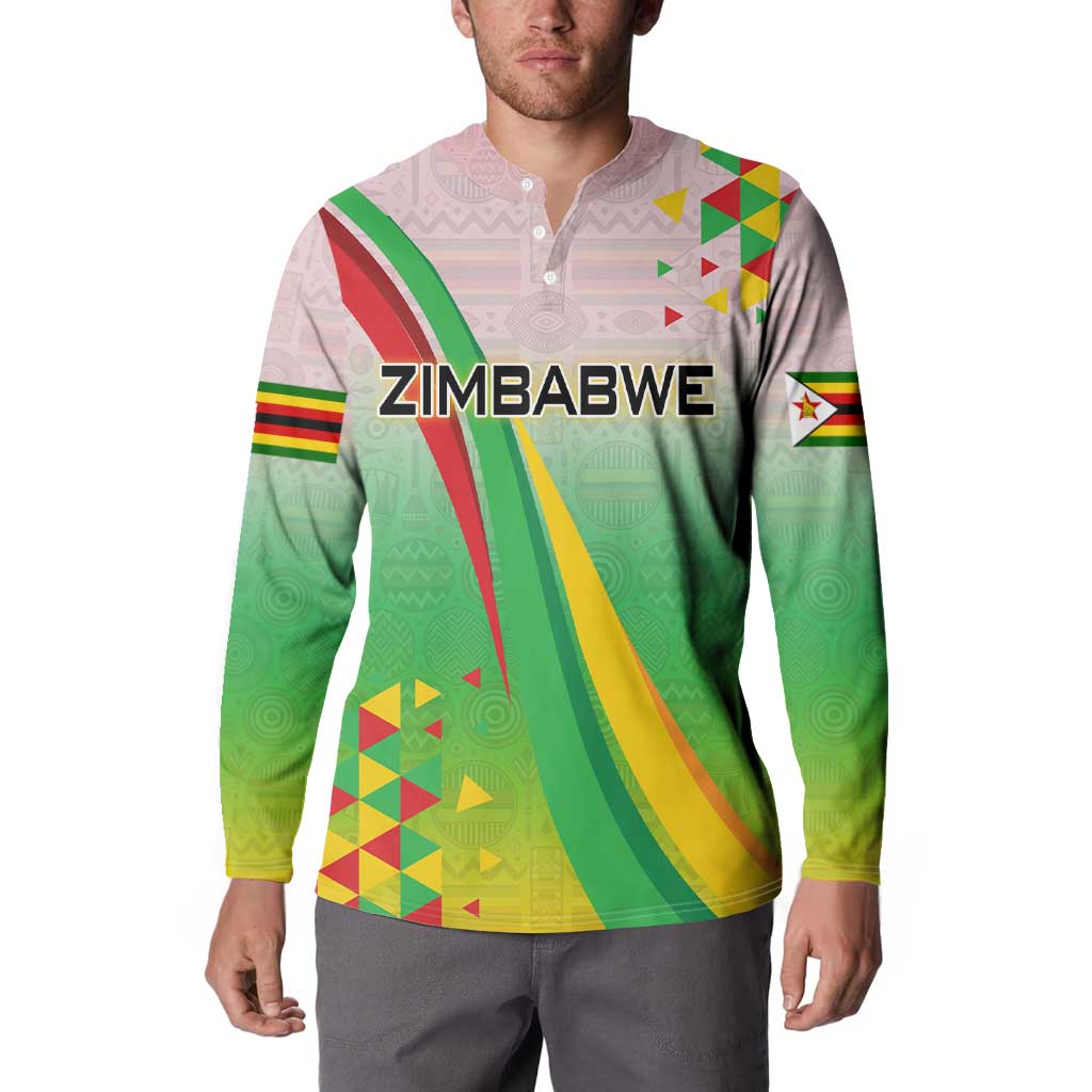 Zimbabwe Vibe Button Sweatshirt Tribal-Inspired Background with Geometric Flag Color Design