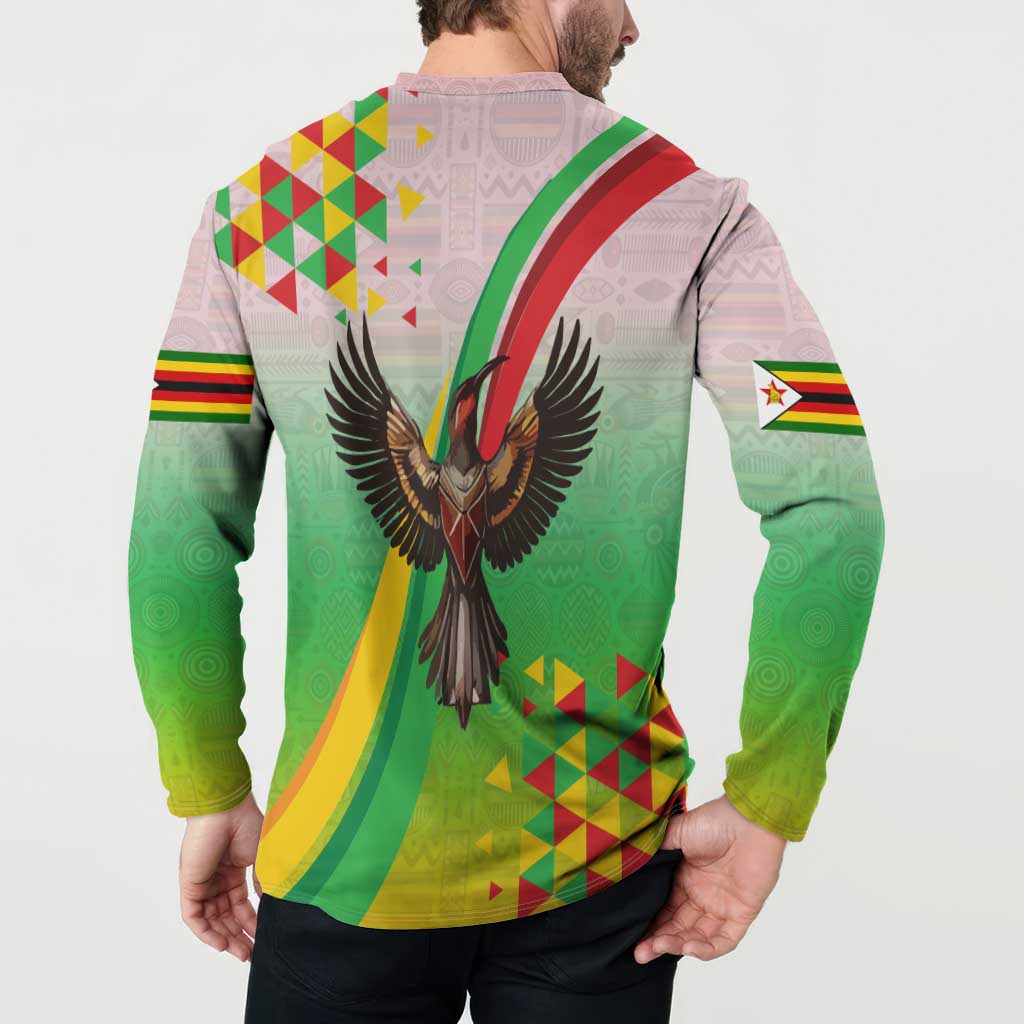 Zimbabwe Vibe Button Sweatshirt Tribal-Inspired Background with Geometric Flag Color Design