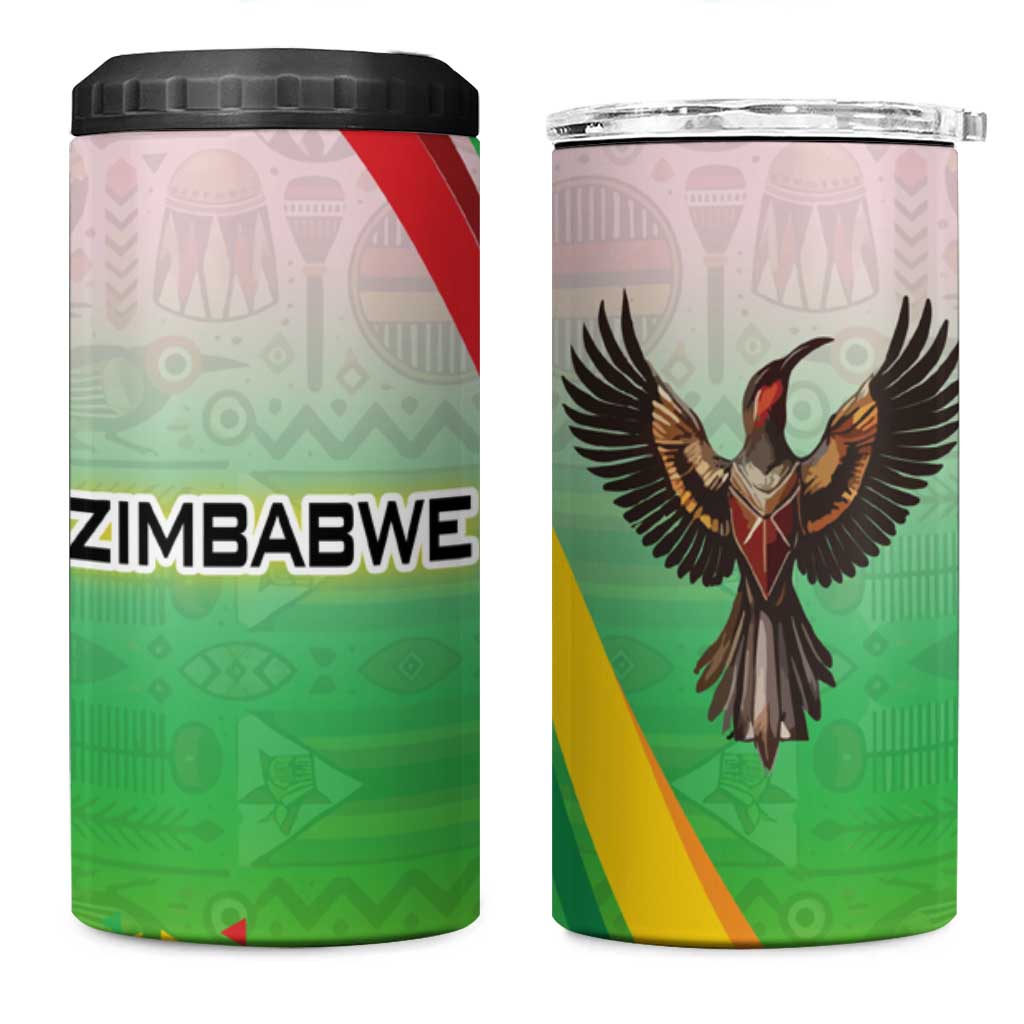 Zimbabwe Vibe 4 in 1 Can Cooler Tumbler Tribal-Inspired Background with Geometric Flag Color Design