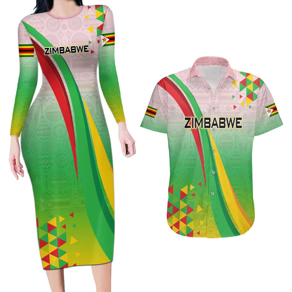 Zimbabwe Vibe Couples Matching Long Sleeve Bodycon Dress and Hawaiian Shirt Tribal-Inspired Background with Geometric Flag Color Design