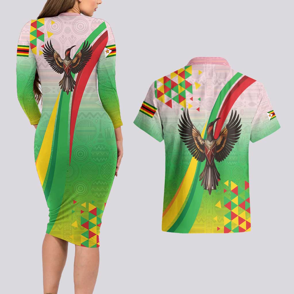 Zimbabwe Vibe Couples Matching Long Sleeve Bodycon Dress and Hawaiian Shirt Tribal-Inspired Background with Geometric Flag Color Design