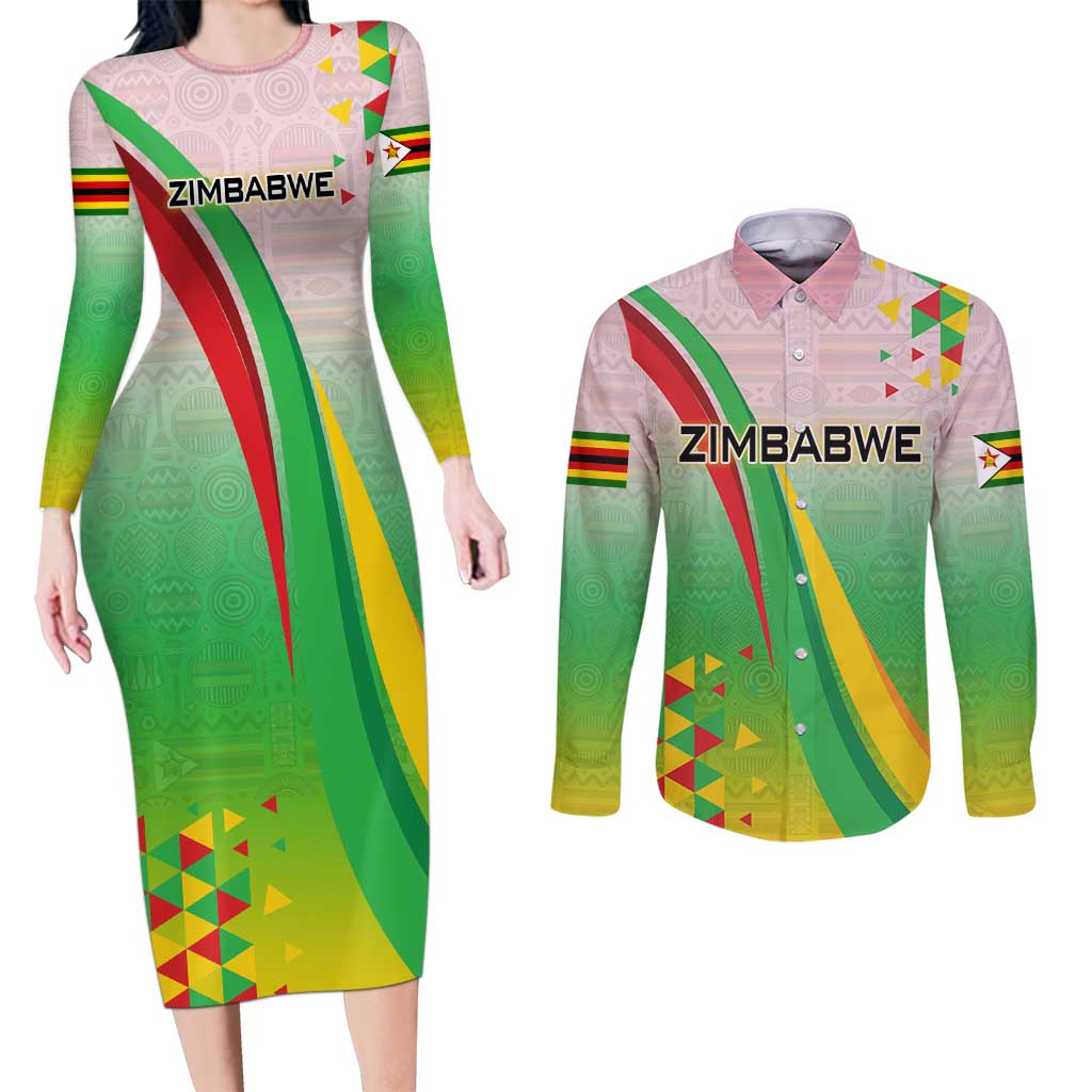 Zimbabwe Vibe Couples Matching Long Sleeve Bodycon Dress and Long Sleeve Button Shirt Tribal-Inspired Background with Geometric Flag Color Design