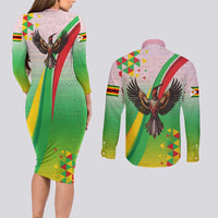 Zimbabwe Vibe Couples Matching Long Sleeve Bodycon Dress and Long Sleeve Button Shirt Tribal-Inspired Background with Geometric Flag Color Design