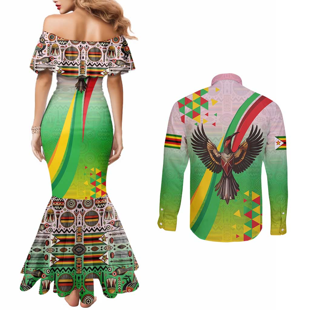 Zimbabwe Vibe Couples Matching Mermaid Dress and Long Sleeve Button Shirt Tribal-Inspired Background with Geometric Flag Color Design