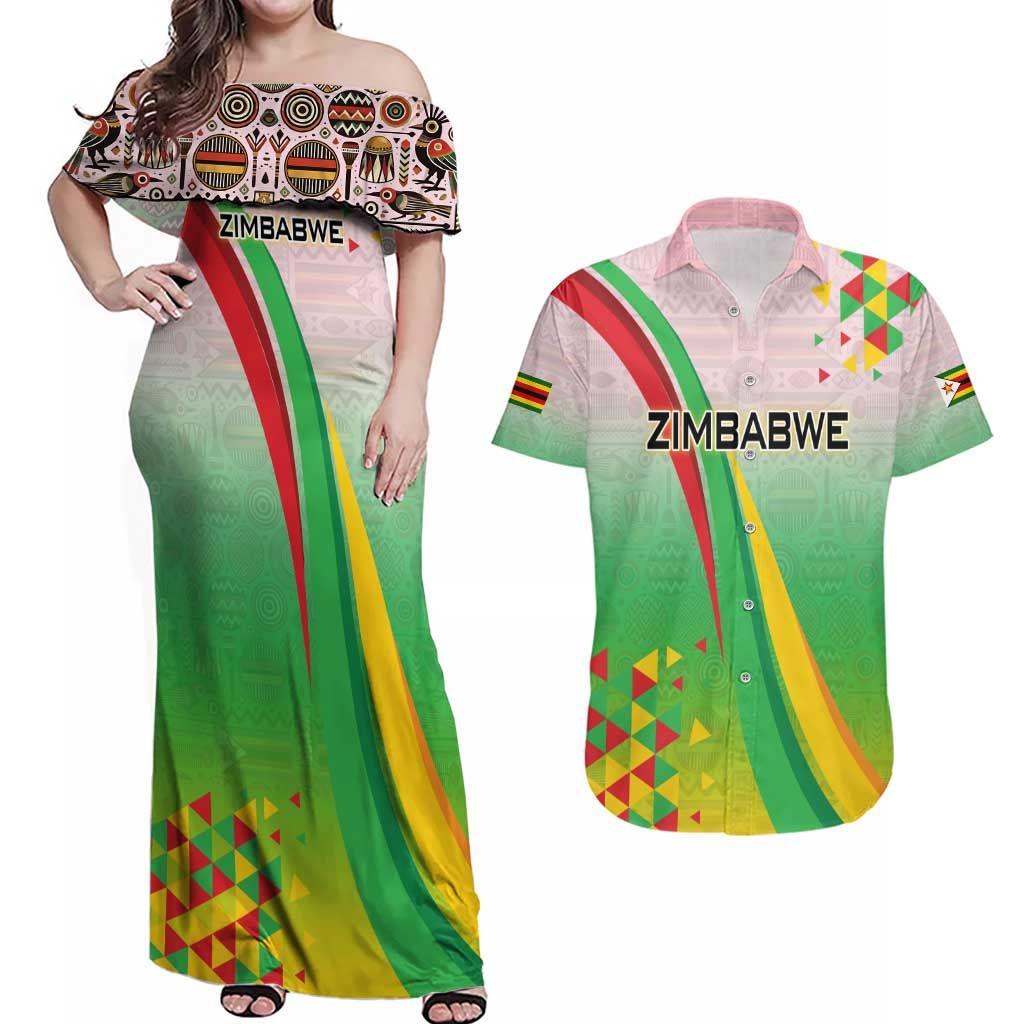 Zimbabwe Vibe Couples Matching Off Shoulder Maxi Dress and Hawaiian Shirt Tribal-Inspired Background with Geometric Flag Color Design