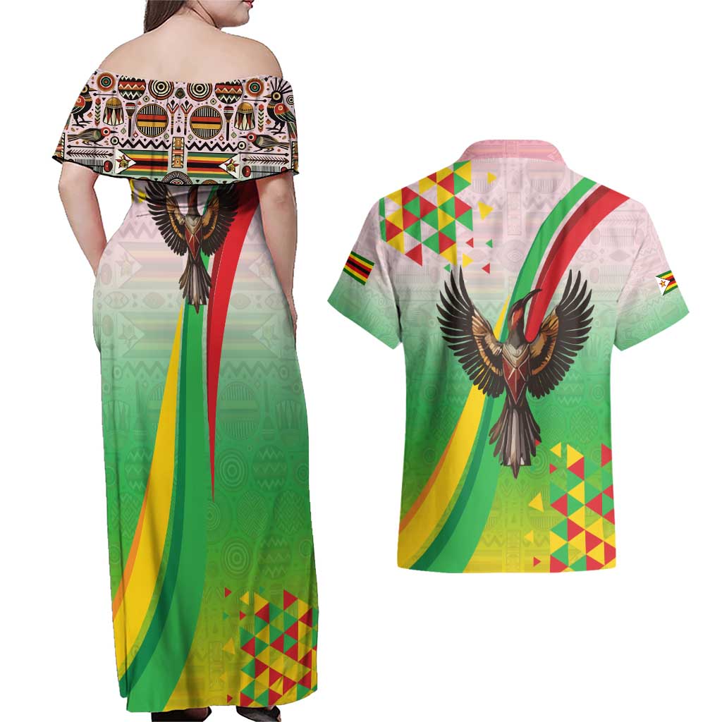 Zimbabwe Vibe Couples Matching Off Shoulder Maxi Dress and Hawaiian Shirt Tribal-Inspired Background with Geometric Flag Color Design