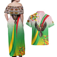 Zimbabwe Vibe Couples Matching Off Shoulder Maxi Dress and Hawaiian Shirt Tribal-Inspired Background with Geometric Flag Color Design