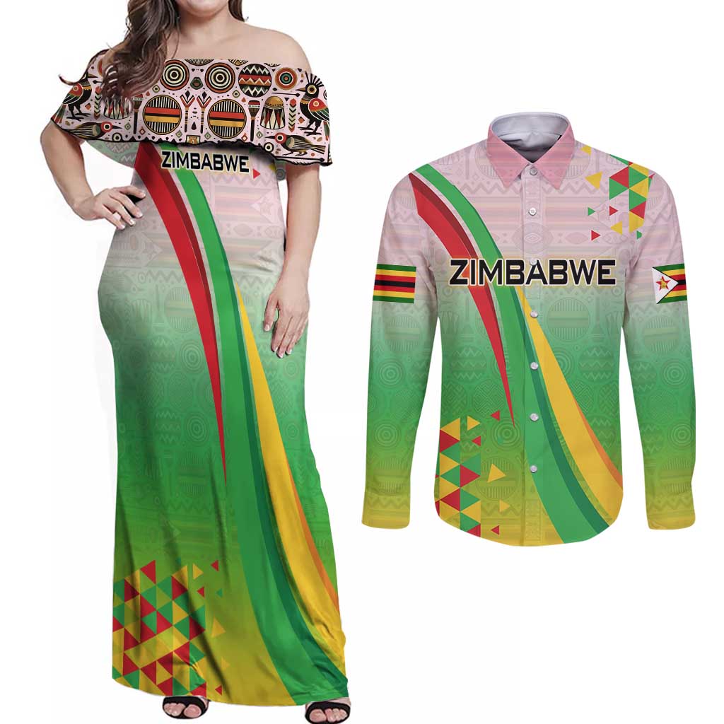 Zimbabwe Vibe Couples Matching Off Shoulder Maxi Dress and Long Sleeve Button Shirt Tribal-Inspired Background with Geometric Flag Color Design