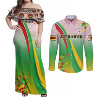 Zimbabwe Vibe Couples Matching Off Shoulder Maxi Dress and Long Sleeve Button Shirt Tribal-Inspired Background with Geometric Flag Color Design