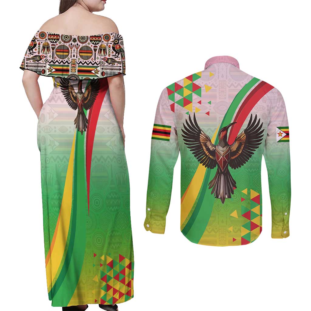 Zimbabwe Vibe Couples Matching Off Shoulder Maxi Dress and Long Sleeve Button Shirt Tribal-Inspired Background with Geometric Flag Color Design
