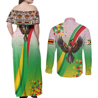 Zimbabwe Vibe Couples Matching Off Shoulder Maxi Dress and Long Sleeve Button Shirt Tribal-Inspired Background with Geometric Flag Color Design