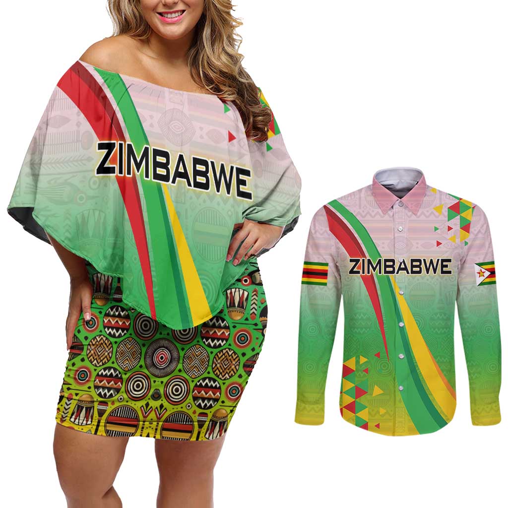 Zimbabwe Vibe Couples Matching Off Shoulder Short Dress and Long Sleeve Button Shirt Tribal-Inspired Background with Geometric Flag Color Design