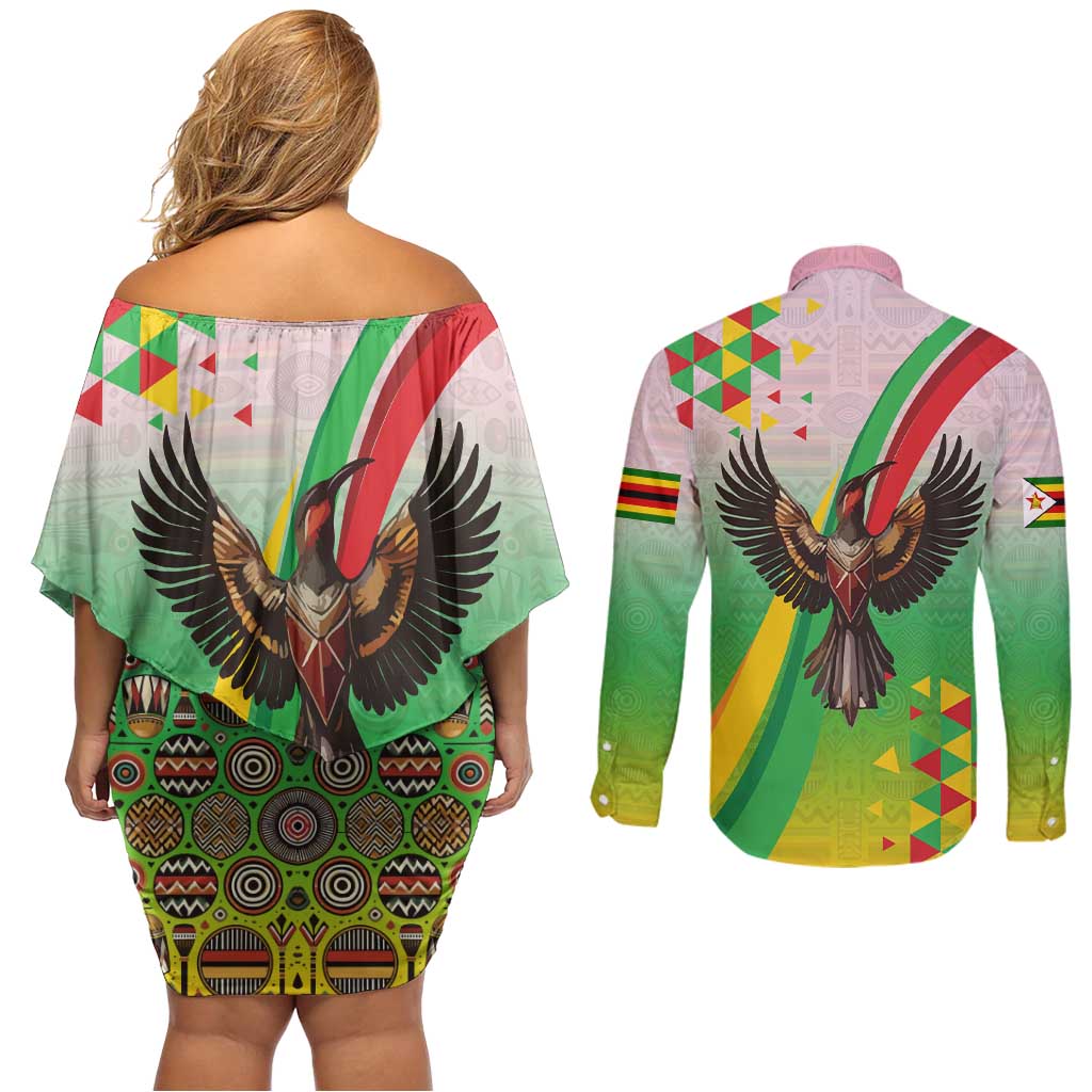 Zimbabwe Vibe Couples Matching Off Shoulder Short Dress and Long Sleeve Button Shirt Tribal-Inspired Background with Geometric Flag Color Design