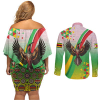 Zimbabwe Vibe Couples Matching Off Shoulder Short Dress and Long Sleeve Button Shirt Tribal-Inspired Background with Geometric Flag Color Design