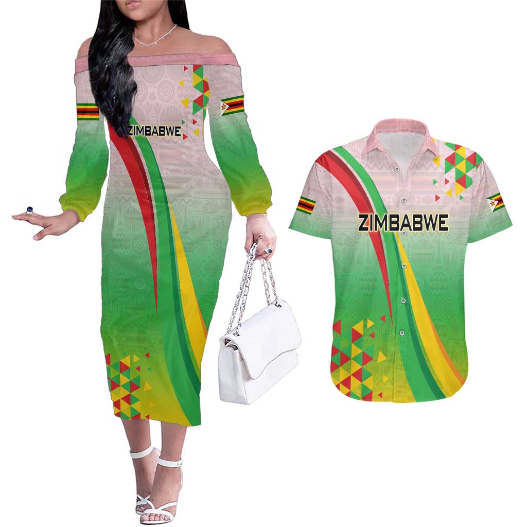 Zimbabwe Vibe Couples Matching Off The Shoulder Long Sleeve Dress and Hawaiian Shirt Tribal-Inspired Background with Geometric Flag Color Design