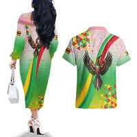 Zimbabwe Vibe Couples Matching Off The Shoulder Long Sleeve Dress and Hawaiian Shirt Tribal-Inspired Background with Geometric Flag Color Design