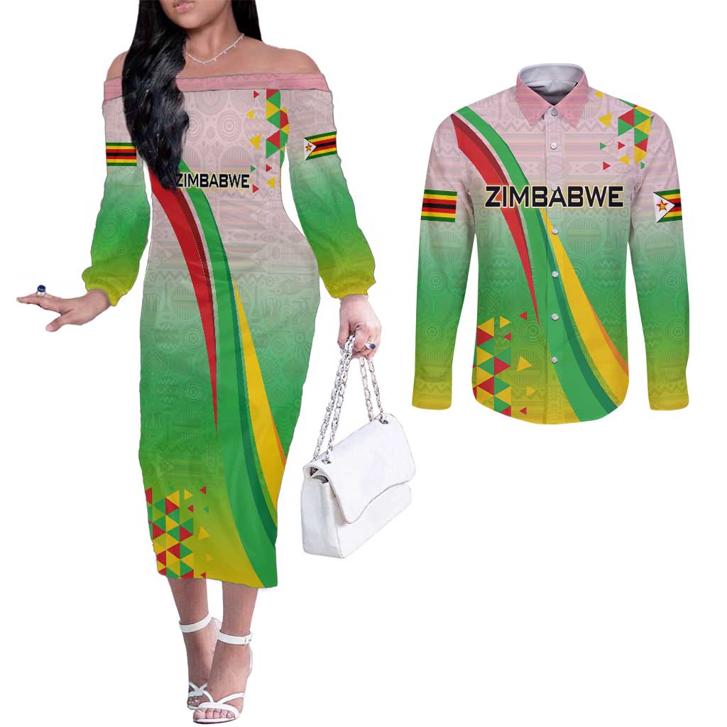 Zimbabwe Vibe Couples Matching Off The Shoulder Long Sleeve Dress and Long Sleeve Button Shirt Tribal-Inspired Background with Geometric Flag Color Design