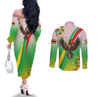 Zimbabwe Vibe Couples Matching Off The Shoulder Long Sleeve Dress and Long Sleeve Button Shirt Tribal-Inspired Background with Geometric Flag Color Design