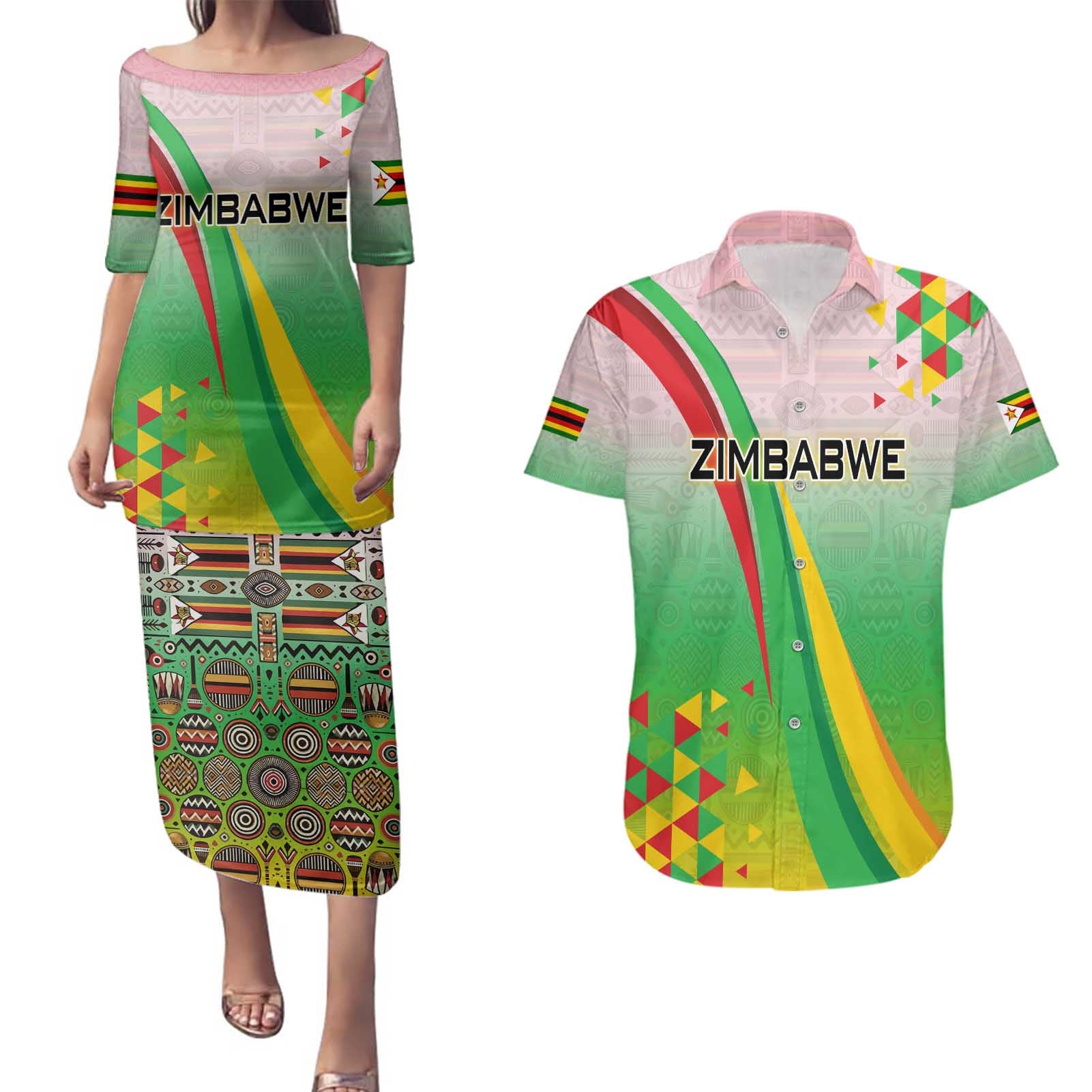 Zimbabwe Vibe Couples Matching Puletasi and Hawaiian Shirt Tribal-Inspired Background with Geometric Flag Color Design