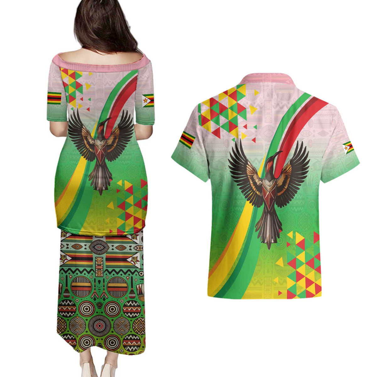 Zimbabwe Vibe Couples Matching Puletasi and Hawaiian Shirt Tribal-Inspired Background with Geometric Flag Color Design
