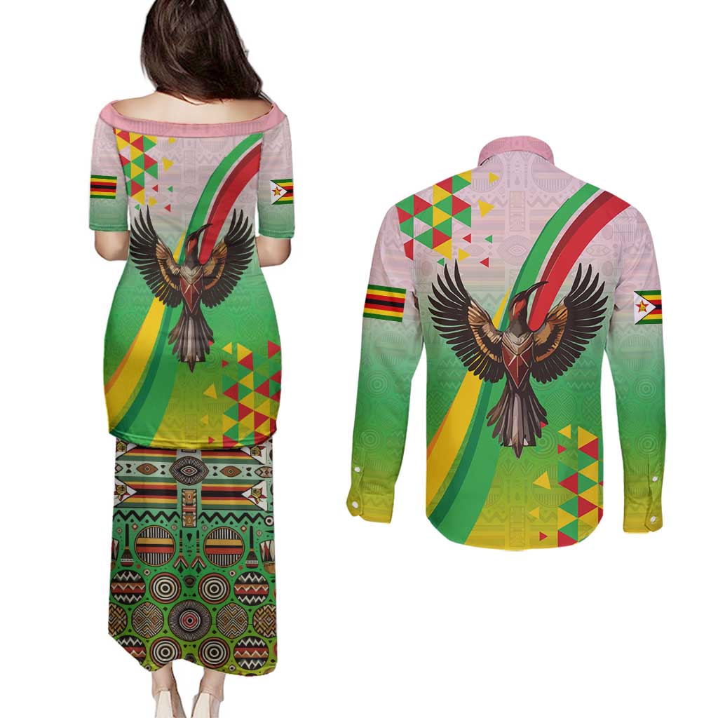Zimbabwe Vibe Couples Matching Puletasi and Long Sleeve Button Shirt Tribal-Inspired Background with Geometric Flag Color Design