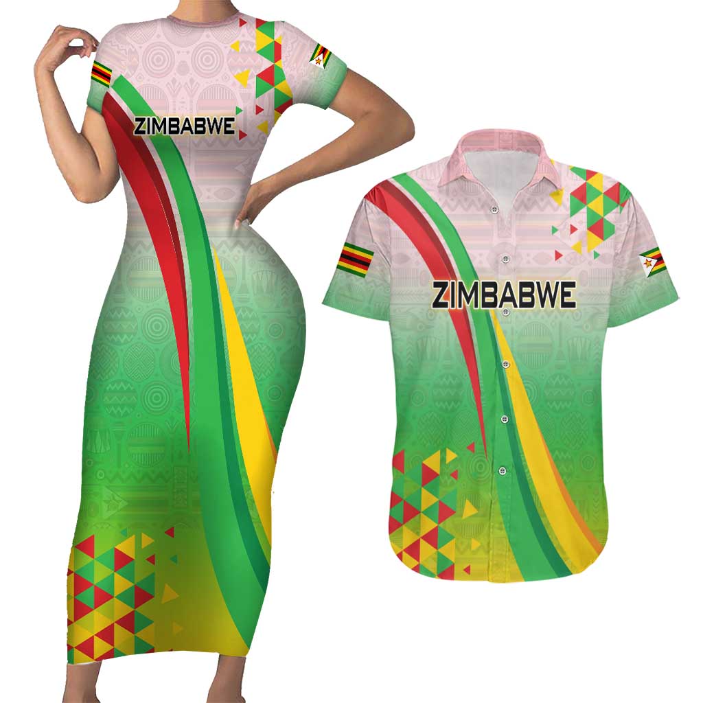 Zimbabwe Vibe Couples Matching Short Sleeve Bodycon Dress and Hawaiian Shirt Tribal-Inspired Background with Geometric Flag Color Design