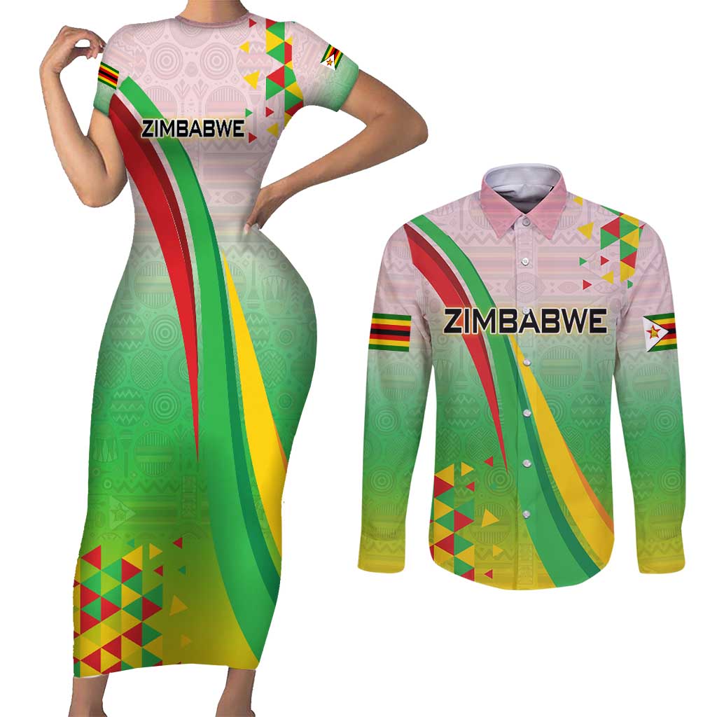 Zimbabwe Vibe Couples Matching Short Sleeve Bodycon Dress and Long Sleeve Button Shirt Tribal-Inspired Background with Geometric Flag Color Design