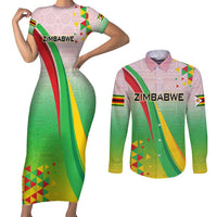 Zimbabwe Vibe Couples Matching Short Sleeve Bodycon Dress and Long Sleeve Button Shirt Tribal-Inspired Background with Geometric Flag Color Design