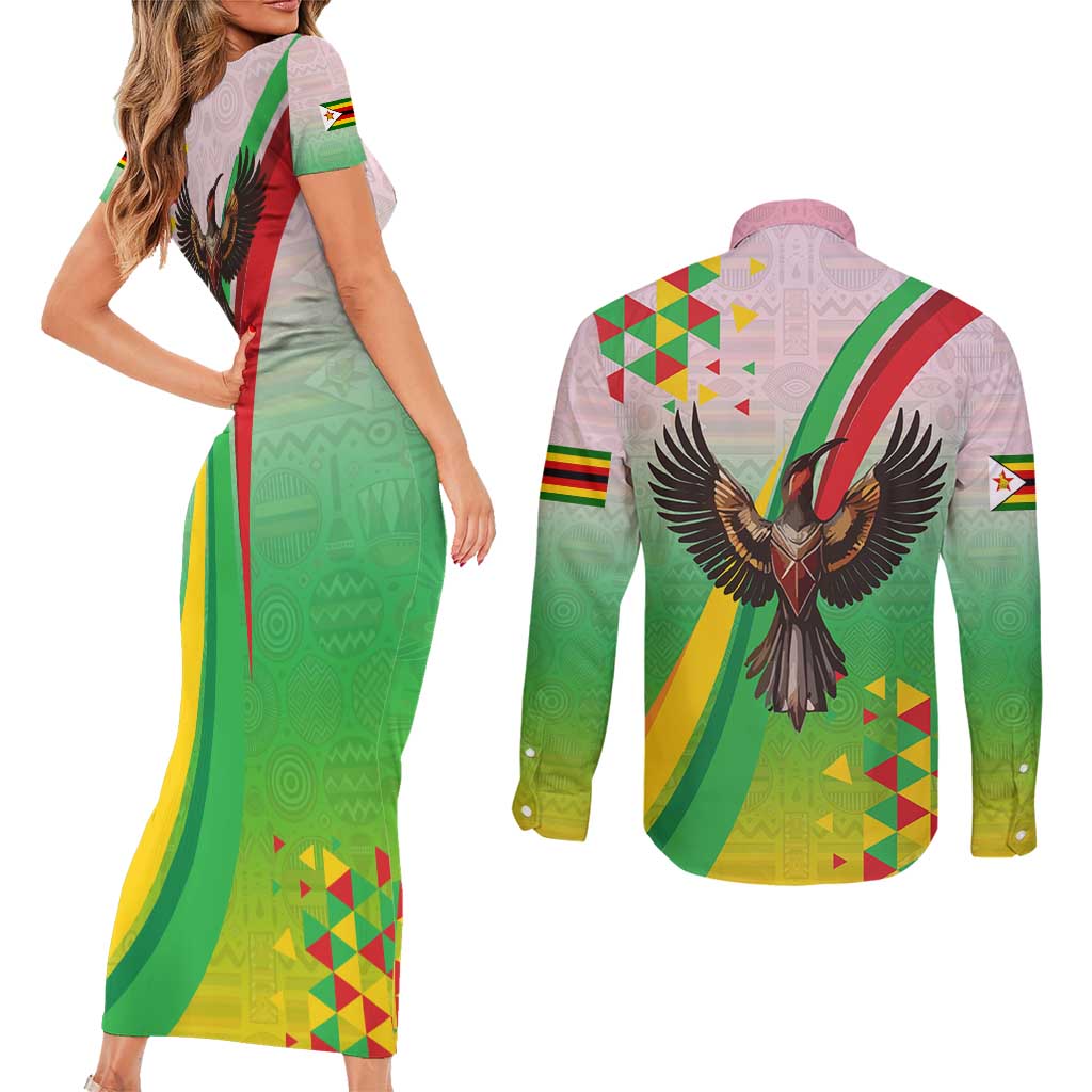 Zimbabwe Vibe Couples Matching Short Sleeve Bodycon Dress and Long Sleeve Button Shirt Tribal-Inspired Background with Geometric Flag Color Design