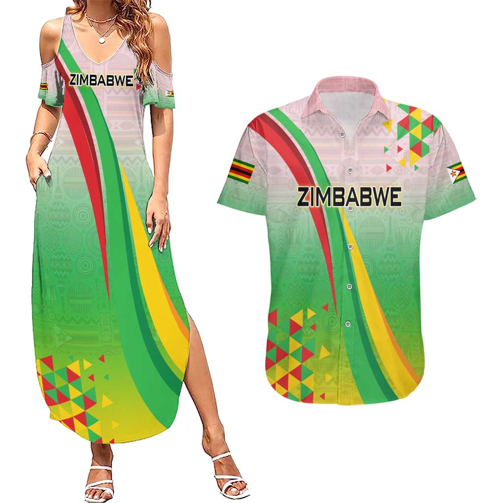 Zimbabwe Vibe Couples Matching Summer Maxi Dress and Hawaiian Shirt Tribal-Inspired Background with Geometric Flag Color Design