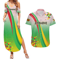 Zimbabwe Vibe Couples Matching Summer Maxi Dress and Hawaiian Shirt Tribal-Inspired Background with Geometric Flag Color Design