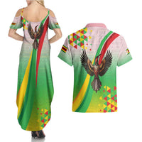 Zimbabwe Vibe Couples Matching Summer Maxi Dress and Hawaiian Shirt Tribal-Inspired Background with Geometric Flag Color Design