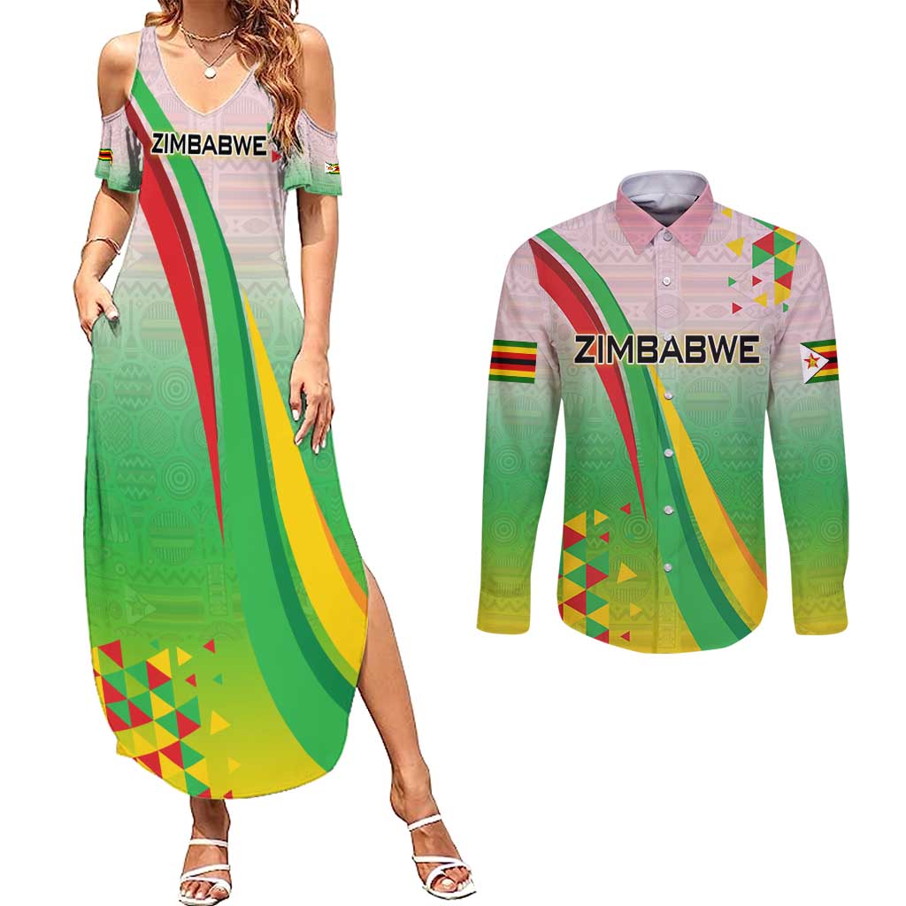 Zimbabwe Vibe Couples Matching Summer Maxi Dress and Long Sleeve Button Shirt Tribal-Inspired Background with Geometric Flag Color Design