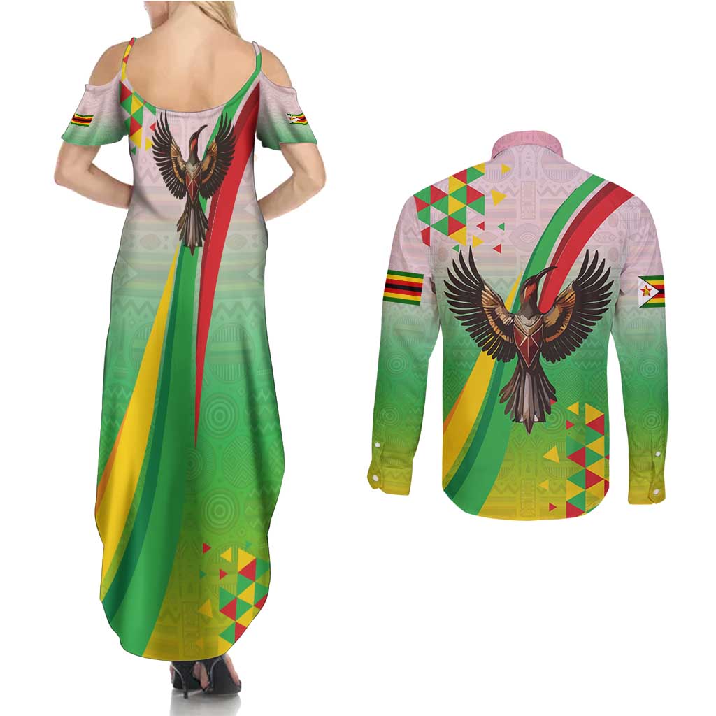 Zimbabwe Vibe Couples Matching Summer Maxi Dress and Long Sleeve Button Shirt Tribal-Inspired Background with Geometric Flag Color Design