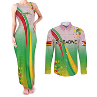 Zimbabwe Vibe Couples Matching Tank Maxi Dress and Long Sleeve Button Shirt Tribal-Inspired Background with Geometric Flag Color Design