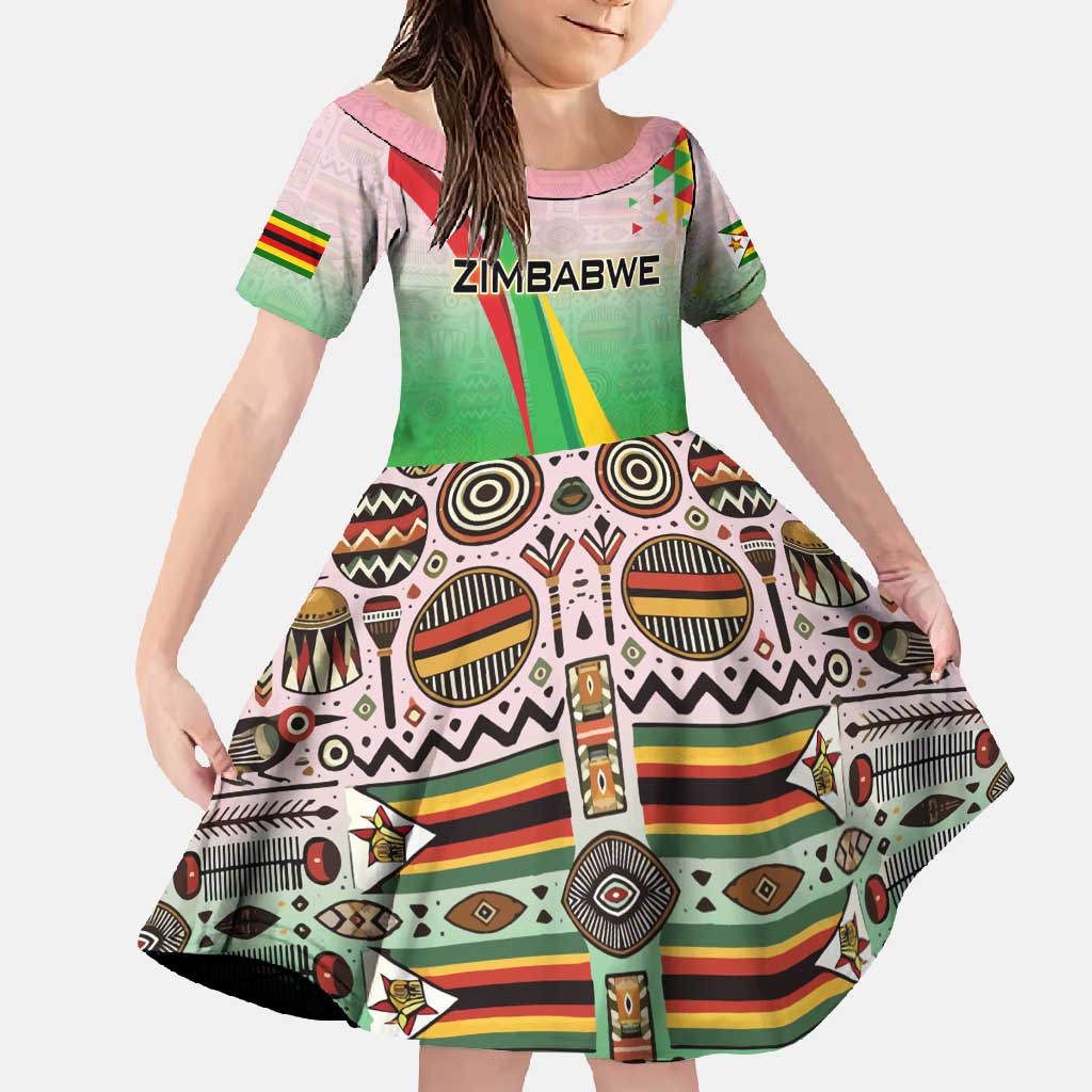 Zimbabwe Vibe Family Matching Long Sleeve Bodycon Dress and Hawaiian Shirt Tribal-Inspired Background with Geometric Flag Color Design