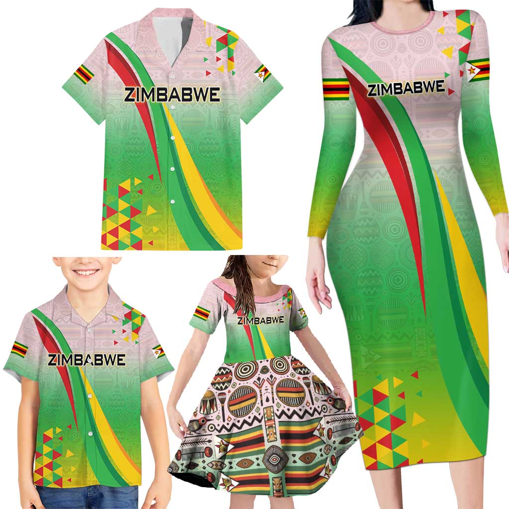 Zimbabwe Vibe Family Matching Long Sleeve Bodycon Dress and Hawaiian Shirt Tribal-Inspired Background with Geometric Flag Color Design