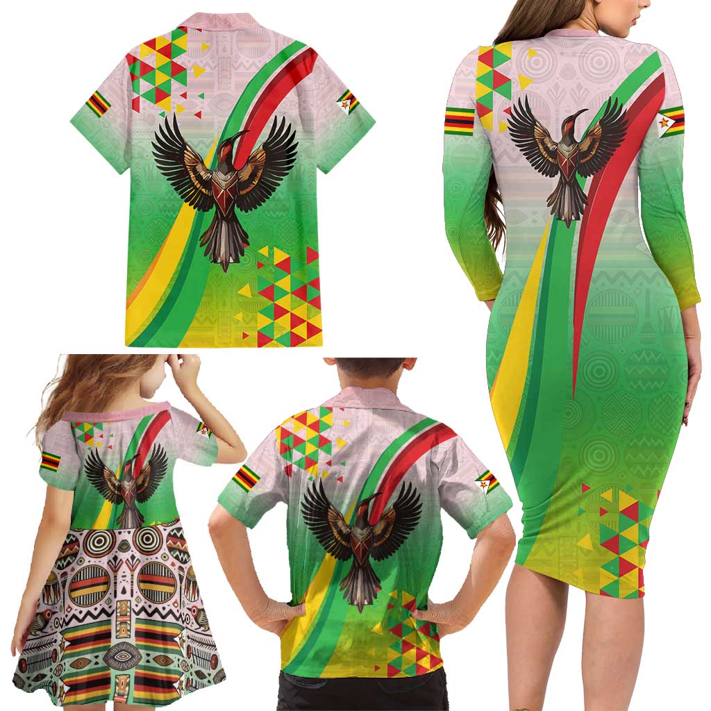 Zimbabwe Vibe Family Matching Long Sleeve Bodycon Dress and Hawaiian Shirt Tribal-Inspired Background with Geometric Flag Color Design