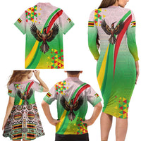 Zimbabwe Vibe Family Matching Long Sleeve Bodycon Dress and Hawaiian Shirt Tribal-Inspired Background with Geometric Flag Color Design