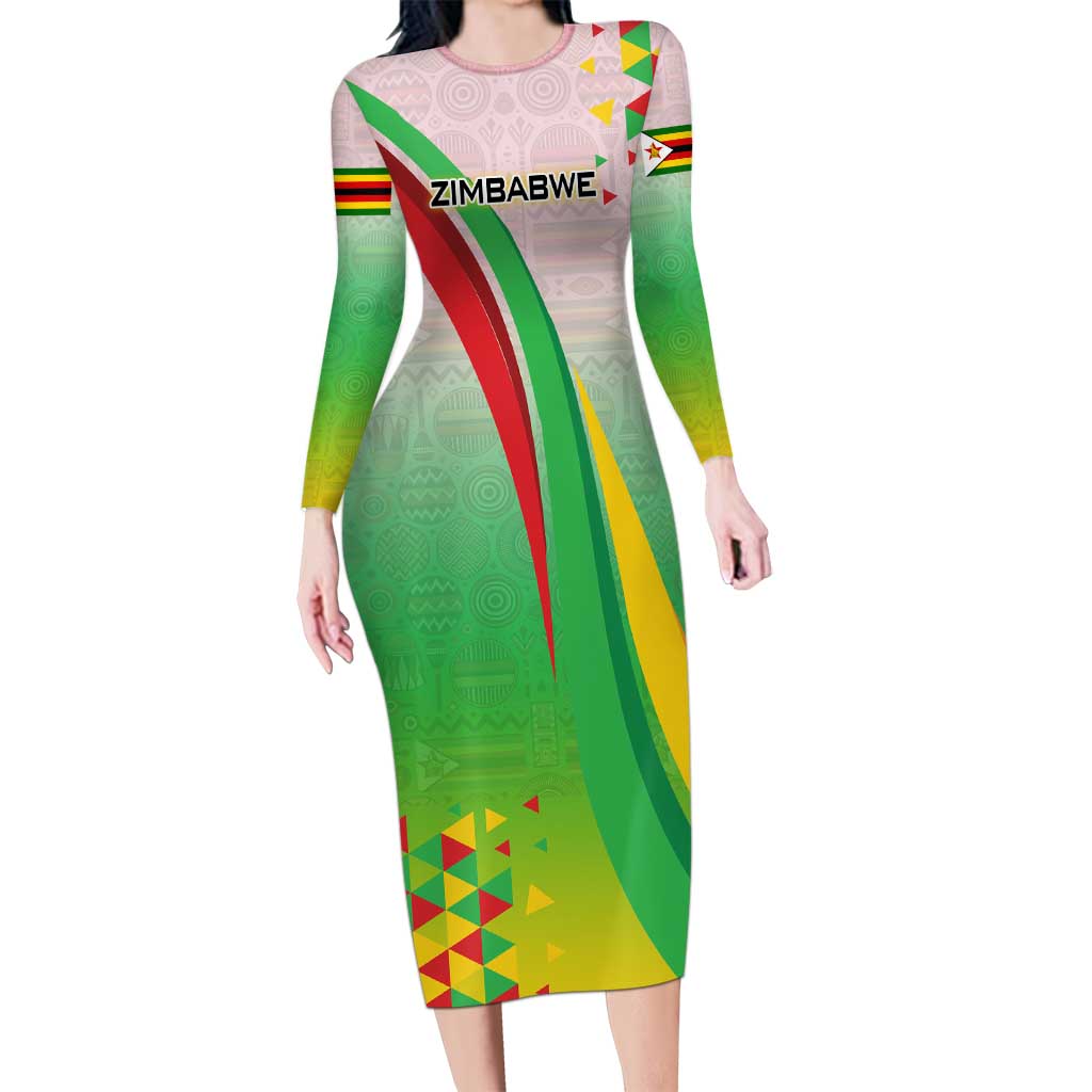 Zimbabwe Vibe Family Matching Long Sleeve Bodycon Dress and Hawaiian Shirt Tribal-Inspired Background with Geometric Flag Color Design