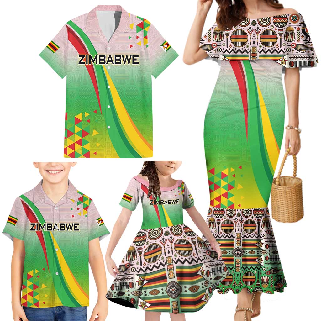 Zimbabwe Vibe Family Matching Mermaid Dress and Hawaiian Shirt Tribal-Inspired Background with Geometric Flag Color Design